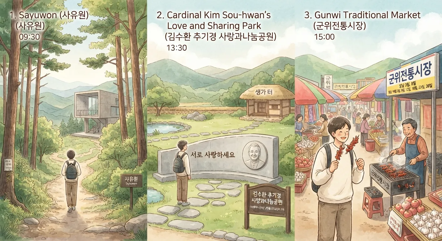 따뜻한 수채화 풍으로 그려진 군위 여행 2일차 3개 코스 일러스트입니다. 왼쪽부터 숲길 속 현대 건축물이 보이는 사유원, '서로 사랑하세요' 문구와 추기경 생가가 있는 사랑과나눔공원, 그리고 닭발 꼬치를 든 여행자와 활기찬 장터 풍경의 군위전통시장이 나란히 배치되어 있습니다.