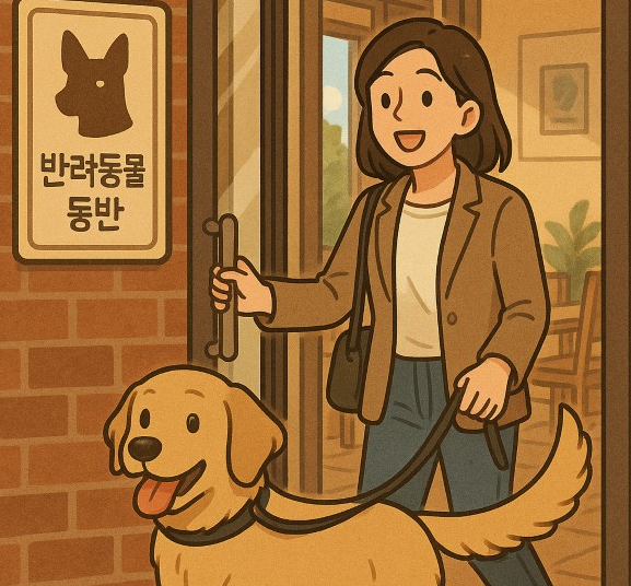반려견과 음식점 들어가는 장면