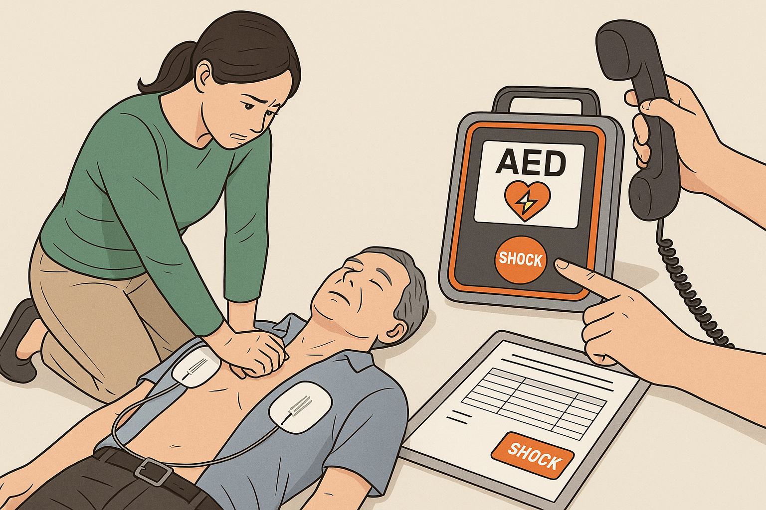 심장마비 응급처치 중인 사람과 AED 기기를 사용하는 모습