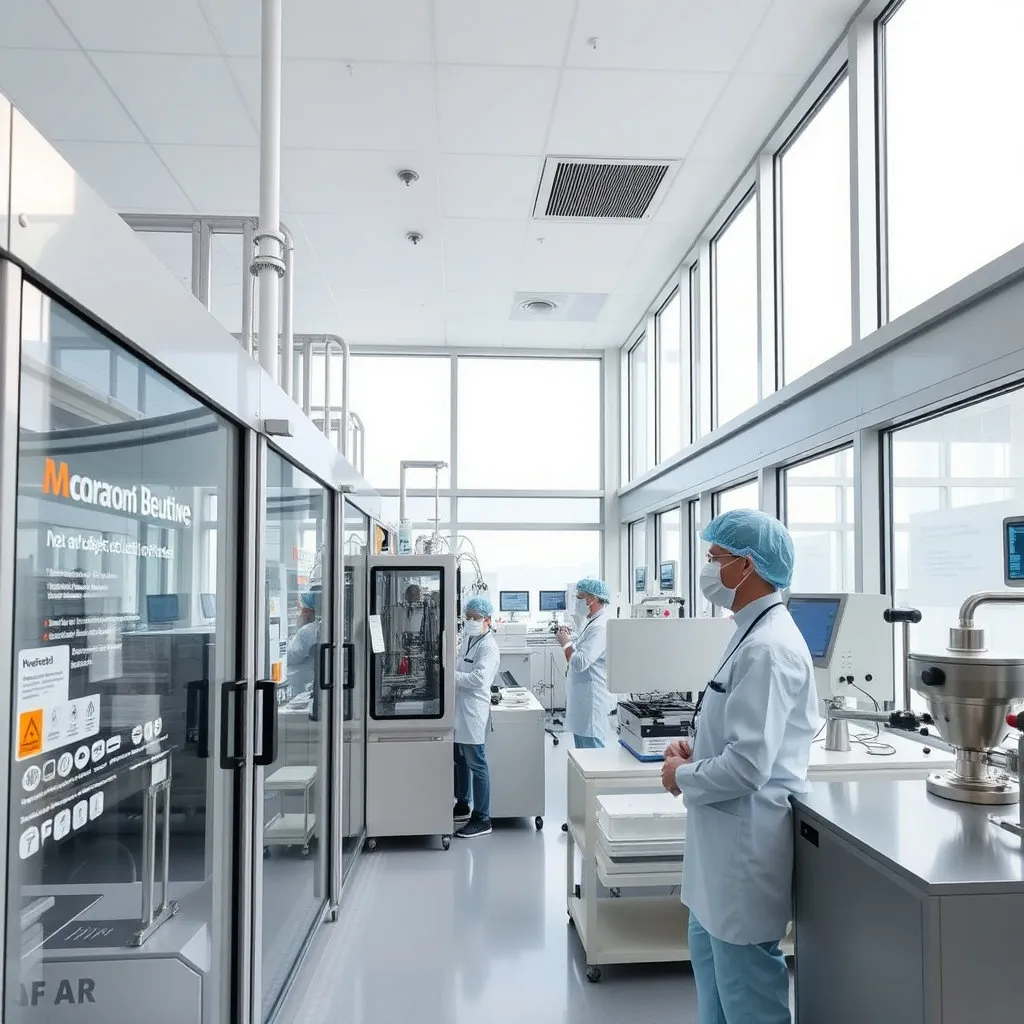 청정하고 현대적인 의약품 생산 시설의 내부 모습을 담아 명인제약의 엄격한 품질 관리와 생산 역량을 강조합니다.