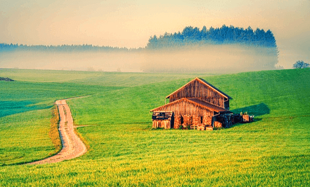 푸른 초원에 나무로 된 외양간이 2채 있다. 삼각 지붕을 가졌고 초원 왼쪽에는 길이 한 개 길게 나 있다.