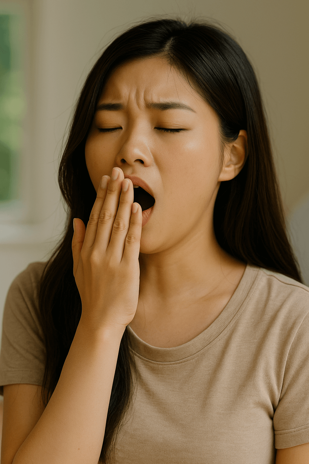 아침에 입냄새로 불편함을 겪는 한국인 젊은 여성이 손으로 입을 가리고 있는 모습