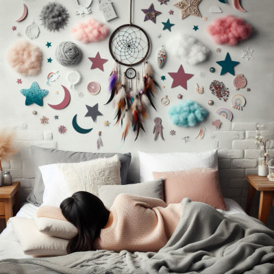 다양한 꿈의 상징이 떠오르는 장면. 꿈속에서 나타나는 여러 이미지를 상징하는 장식들이 벽에 있습니다.