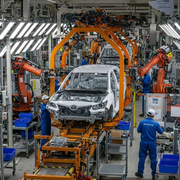 자동차 차체를 조립하는 로봇 팔과 작업자들이 보이는 도요타 생산 라인 풍경