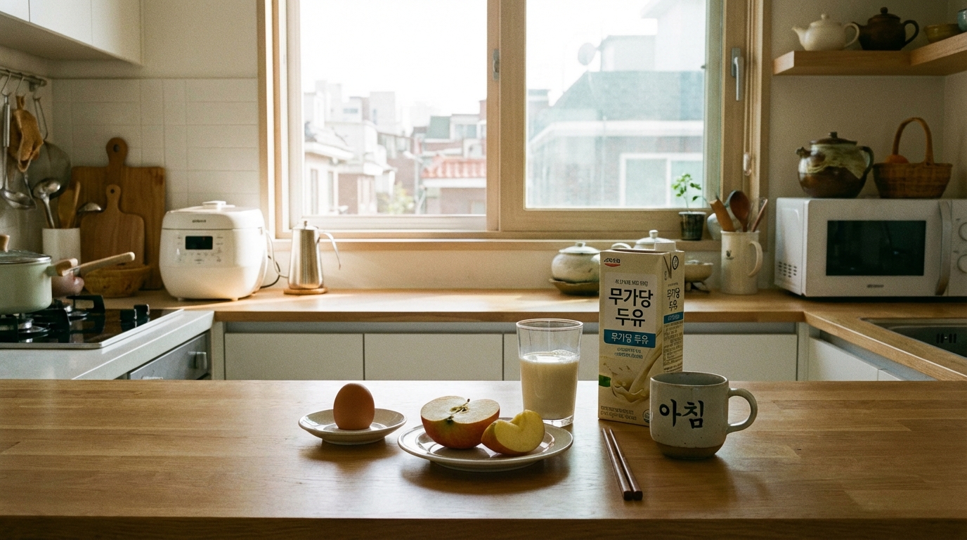 바쁜 아침을 위한 삶은 계란, 사과, 두유로 구성된 간단한 다이어트 식단