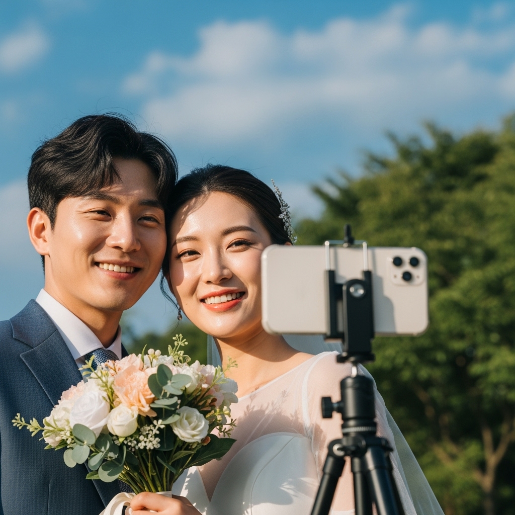 삼각대에 스마트폰을 거치하고 자연스럽게 웃으며 셀프 웨딩 스냅을 촬영하는 커플의 클로즈업 사진. 푸른 하늘과 나무가 배경으로 보입니다.3