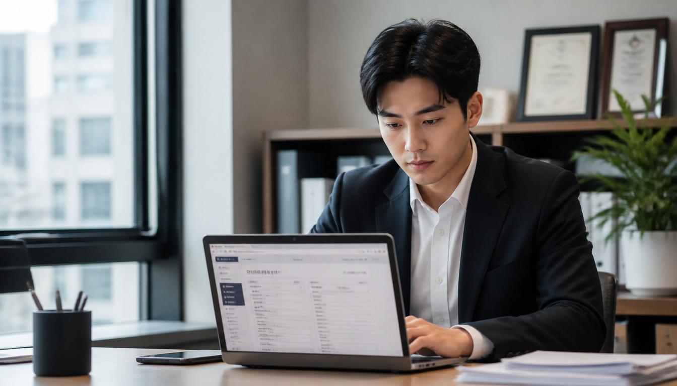 깔끔한 사무실 책상에서 노트북 화면의 소상공인24 홈페이지 신청 서식을 진지하게 검토하고 있는 30대 한국인 남성 사업가의 모습.