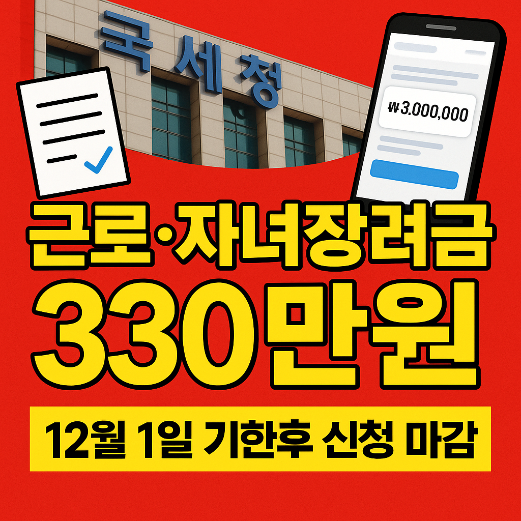 근로&middot;자녀장려금 최대 330만원, 12월 1일 기한후 신청 마감 임박을 강조하는 한국어 뉴스형 썸네일 이미지