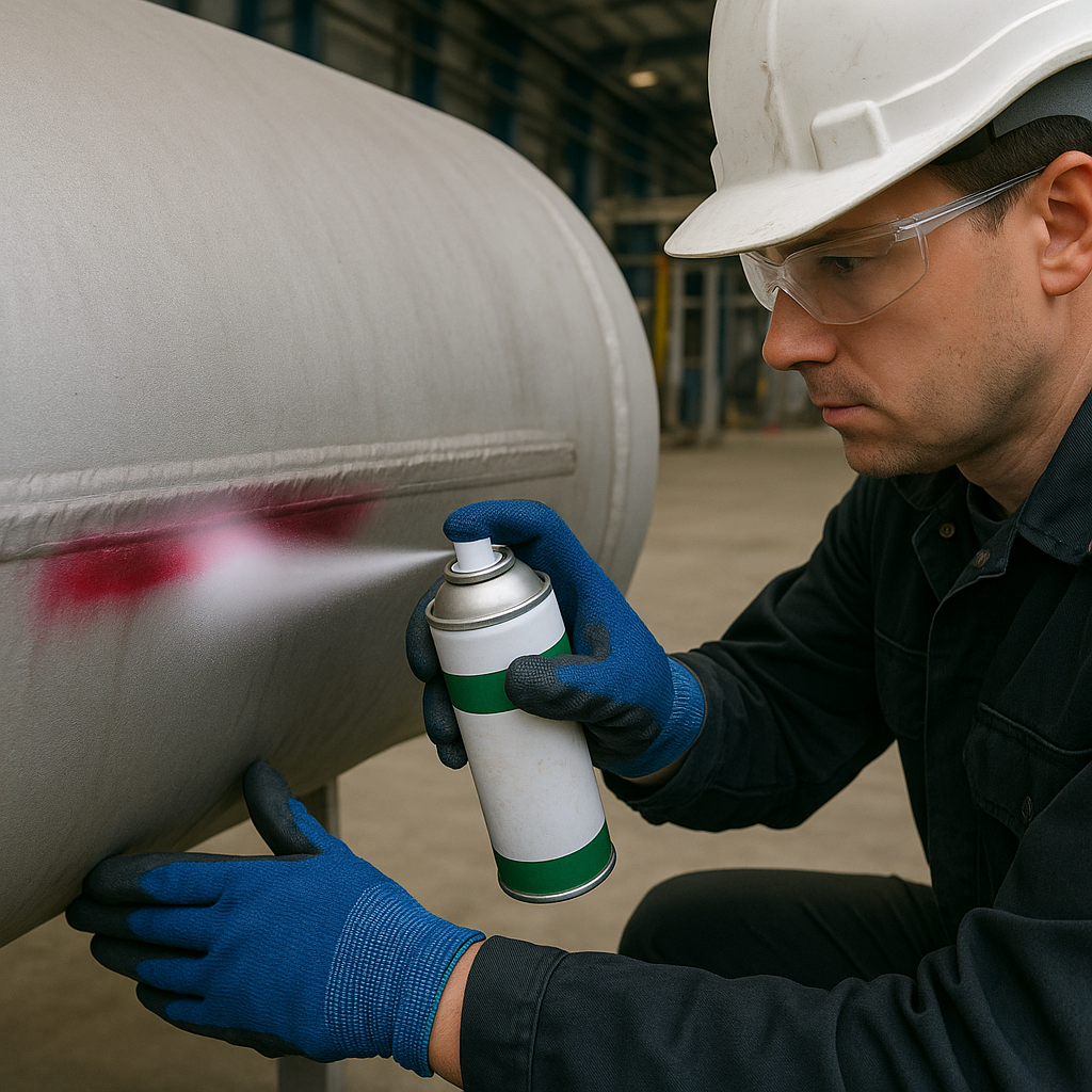 Inspector performing dye penetrant testing (PT) on a welded seam of a pressure vessel.