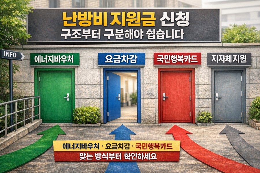 에너지바우처와 요금차감, 국민행복카드, 지자체 난방비 지원이 서로 다른 신청 구조라는 점을 한눈에 보여주는 이미지