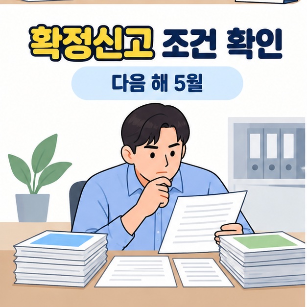 다음 해 5월 확정신고 조건을 확인하기 위해 사람이 여러 거래서류를 비교하는 모습