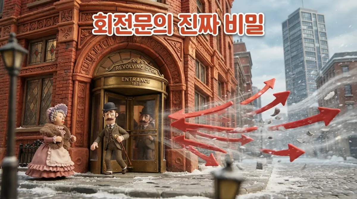 아드만 클레이 스톱모션 스타일로 표현한, 역사적 붉은 벽돌 빌딩 입구의 클래식한 황동 회전문과 회전 중인 인물의 따뜻한 스튜디오 조명 따뜻한 광경