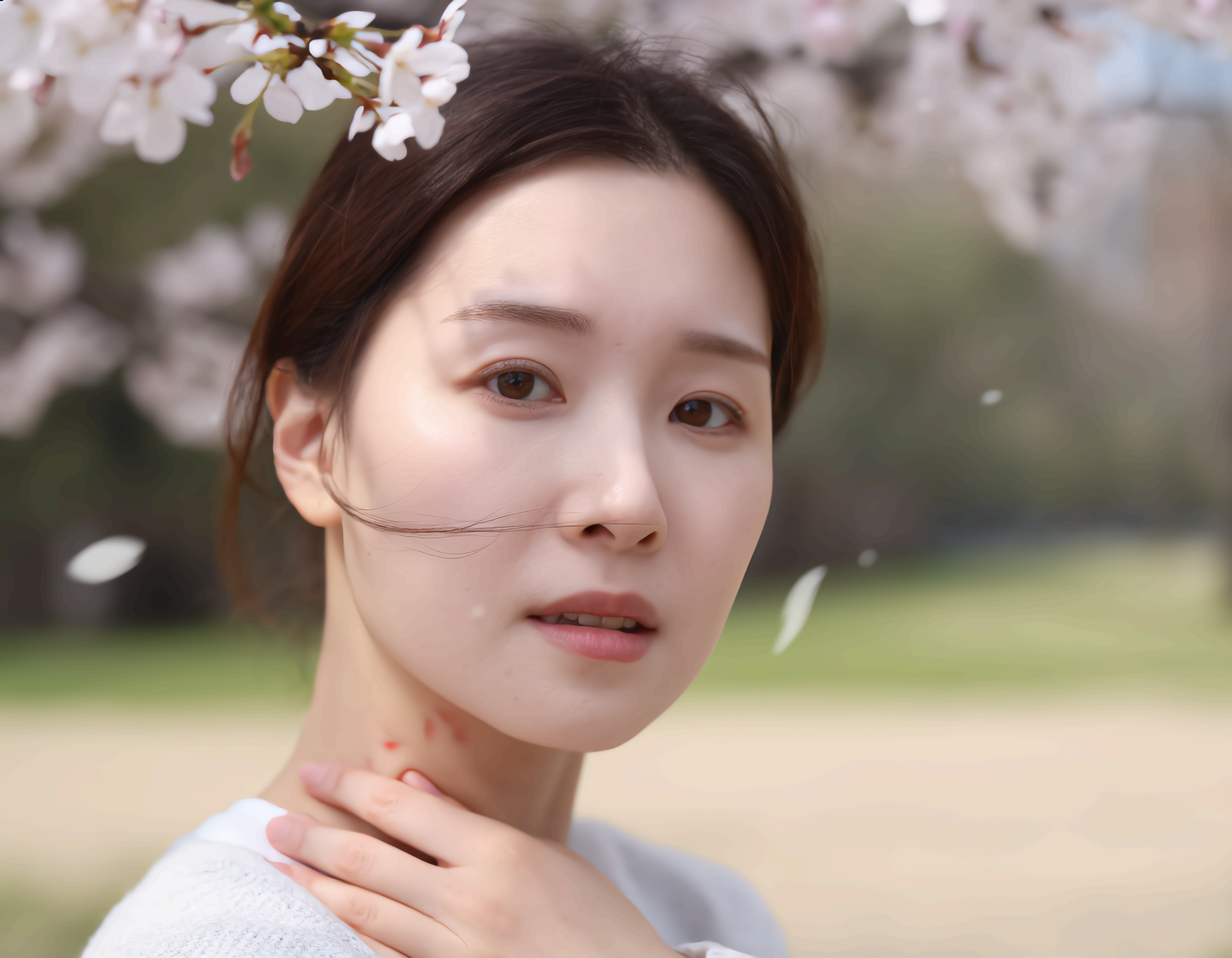 목을 긁고 있는 모습 클로즈업