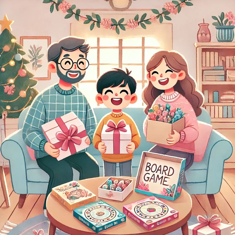 happily receiving board games as a gift., 보드게임 선물받아 행복한 가족