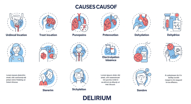 감염, 탈수, 약물 부작용 등 원인을 상징하는 아이콘 구성