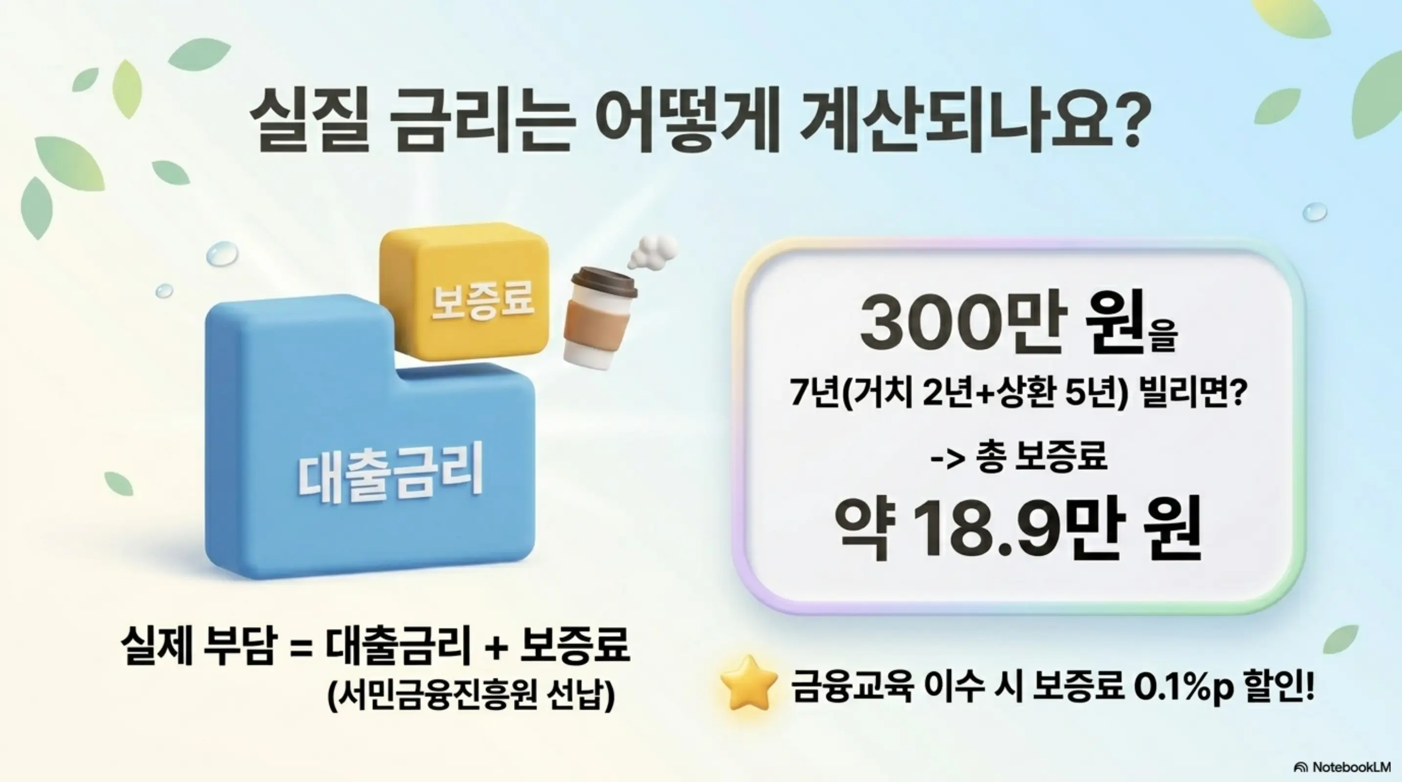 햇살론유스 조건: 실질 금리는 어떻게 계산되나요라는 제목 아래 대출금리와 보증료 블록 일러스트가 있고 300만 원을 7년 거치 2년 상환 5년으로 빌리면 총 보증료 약 18.9만 원이라는 계산 예시가 표시되어 있다. 실제 부담은 대출금리 더하기 보증료이며 금융교육 이수 시 보증료 0.1퍼센트포인트 할인이라는 안내도 포함되어 있다. 이 이미지는 햇살론유스 보증료 계산 방법을 시각적으로 전달하며 블로그의 햇살론유스 금리와 보증료 섹션과 관련된 내용을 설명함
