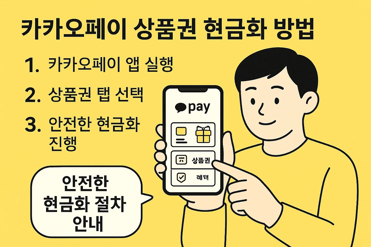 카카오페이 상품권 현금화 방법을 설명하는 인포그래픽, 스마트폰 화면에 카카오페이 앱이 표시되고 한국인이 사용하는 모습, 안전한 현금화 절차 안내