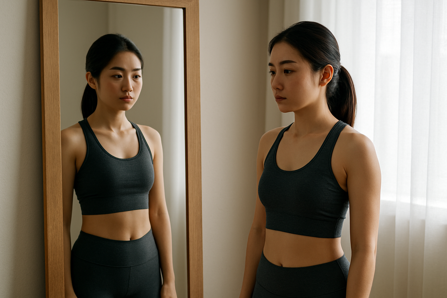 운동복을 입고 스스로를 바라보는 여성의 모습 &mdash; 주변의 시선보다 자신을 돌아보는 다이어트 태도를 상징하는 모습