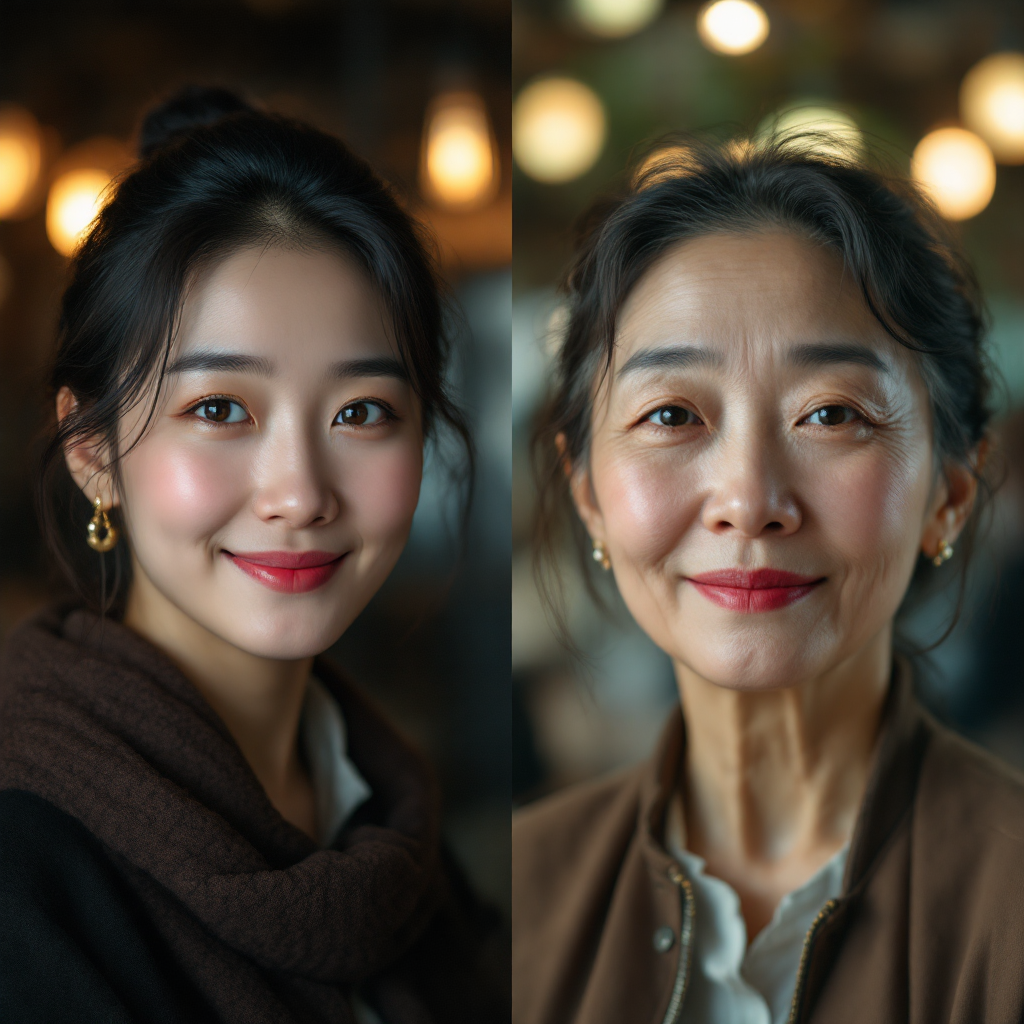 20대때와 50대때 동일 인물의 여성 얼굴 비교 사진