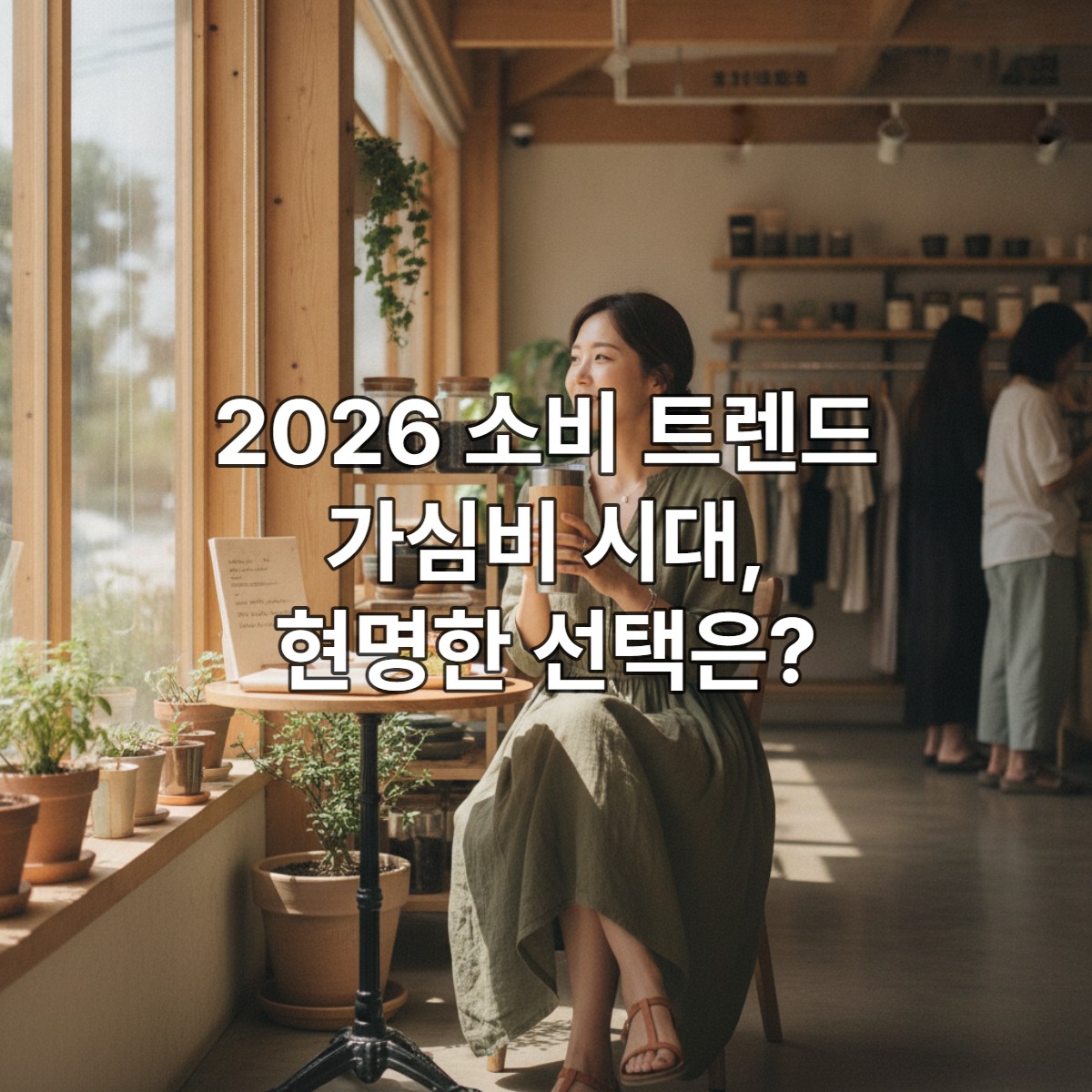 2026년 소비 트렌드인 가심비를 추구하며 친환경 카페에서 텀블러를 들고 미소 짓는 한국인 여성