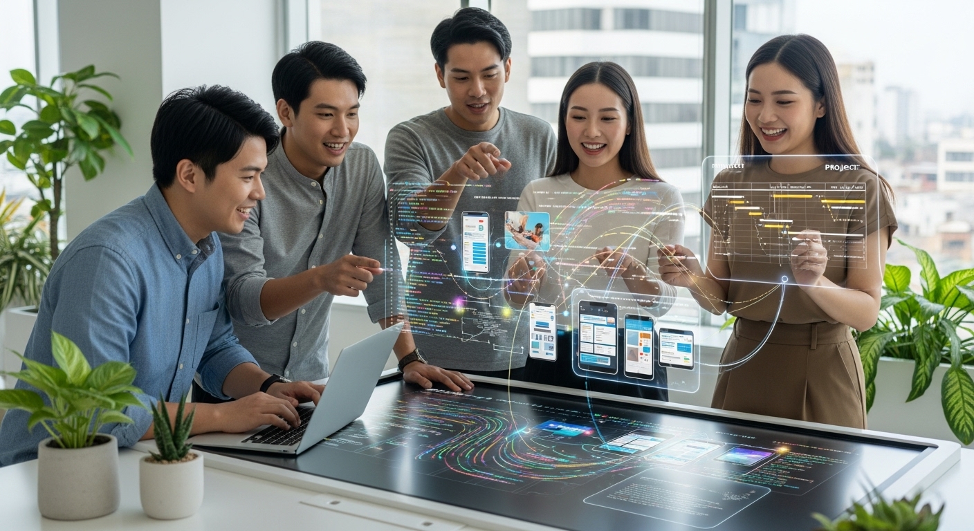 AI 협업 플랫폼을 통해 부서 간 장벽 없이 실시간으로 소통하며 프로젝트를 진행하는 팀원들