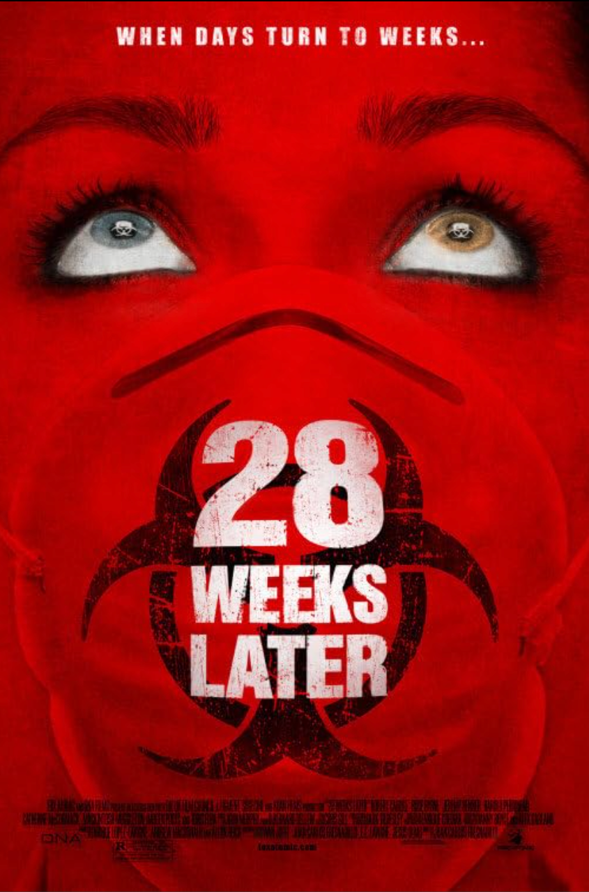 좀비 영화 〈28주 후〉 넷플릭스 공식 포스터 – 붉은 배경과 생화학 마스크로 표현된 위기감