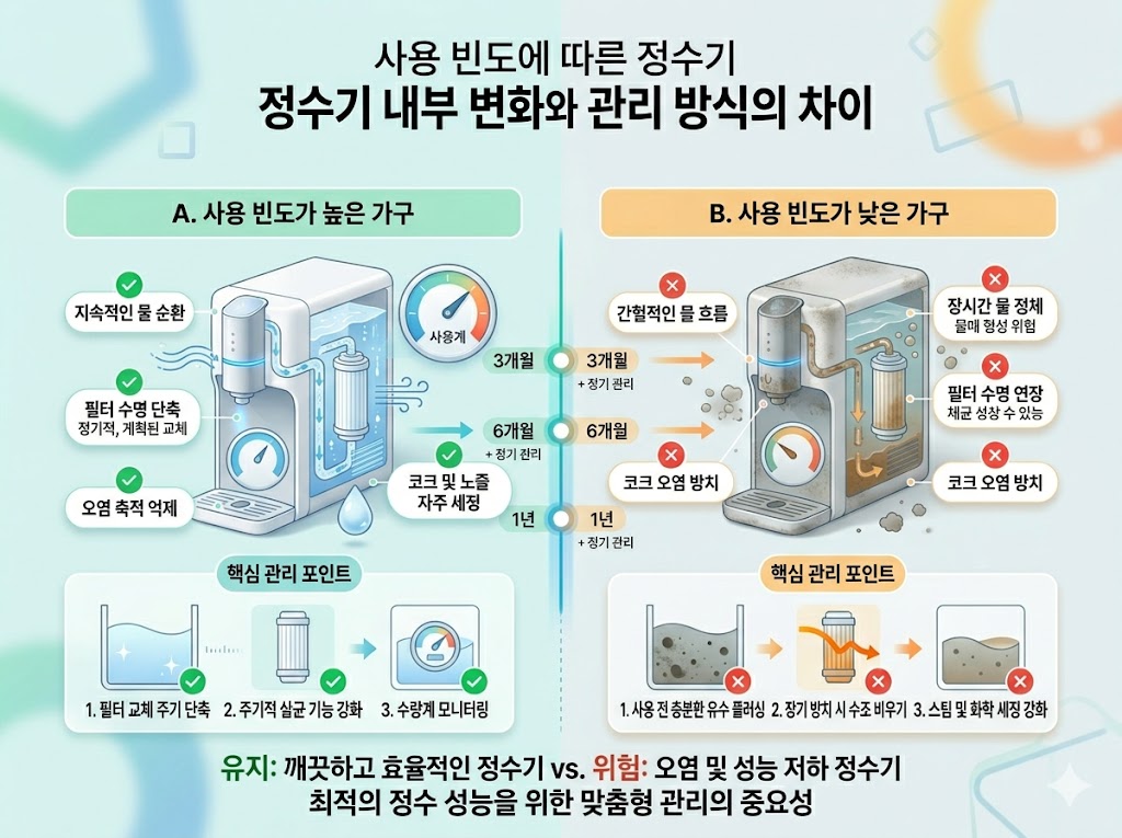 사용 빈도가 높은 가구와 낮은 가구의 정수기 관리 방식 차이를 설명하는 이미지