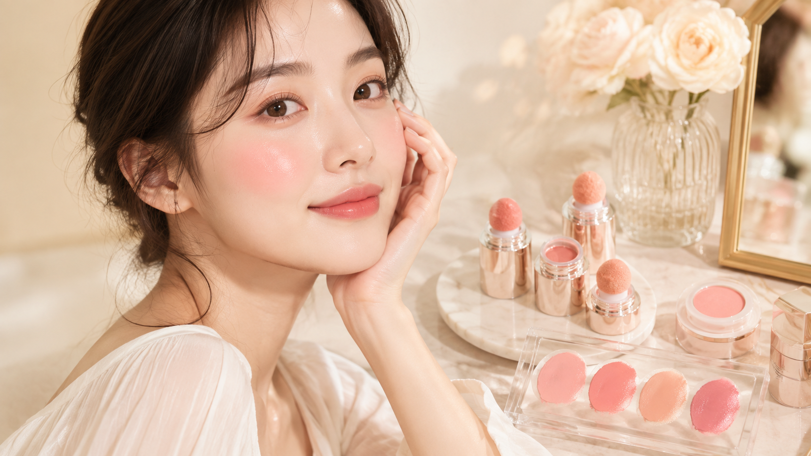 세럼 블러셔 4가지 컬러와 내추럴한 광채 볼 메이크업을 보여주는 여성