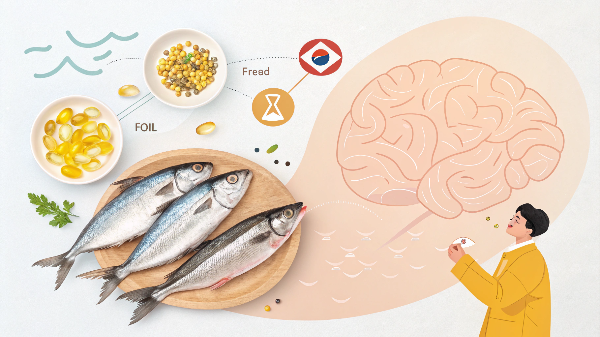 오메가-3가 풍부한 재료와 뇌 건강에 좋은 이미지
