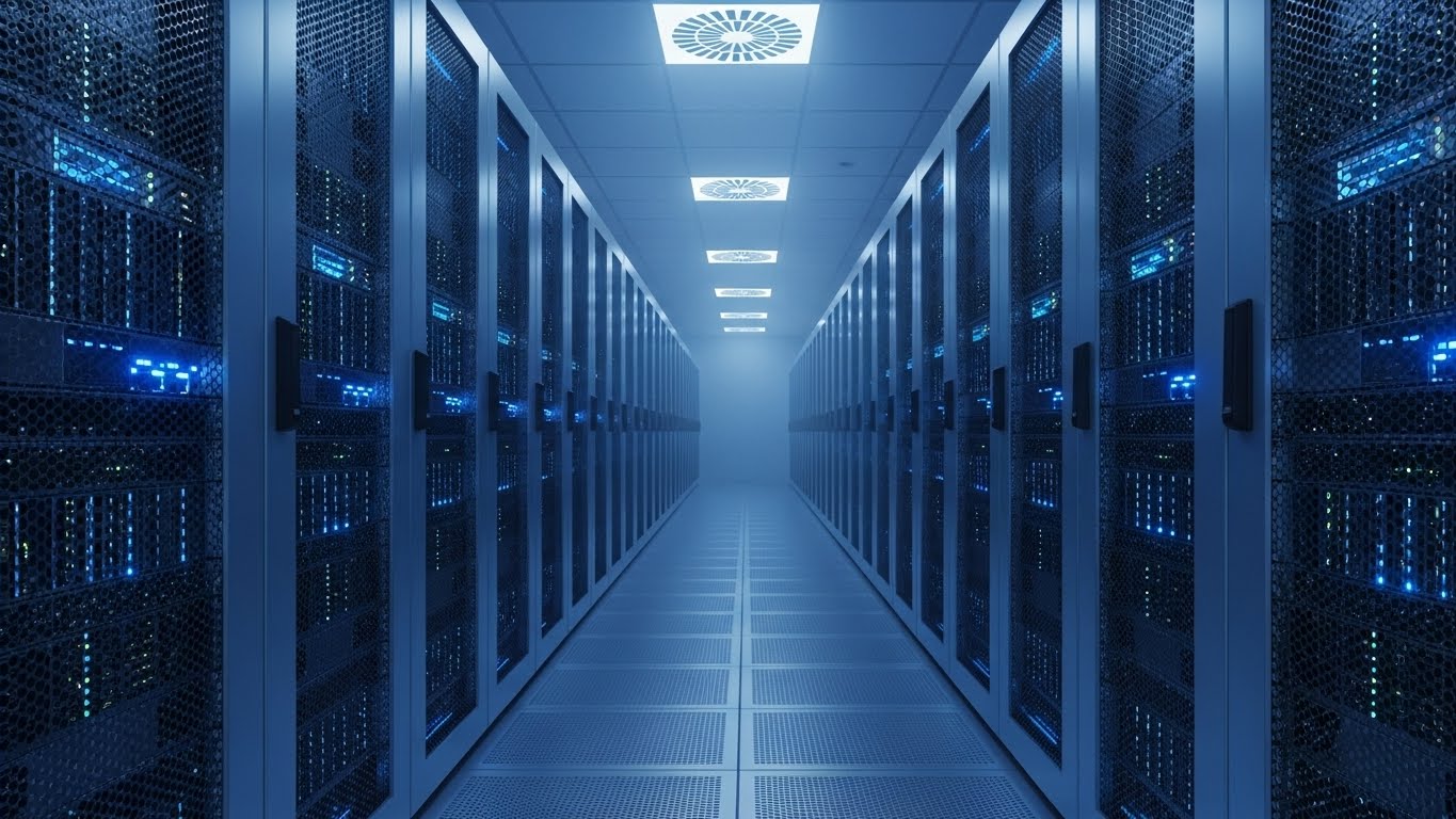 A corridor of endless state-of-the-art data center server racks, with servers emitting blue LED lights processing data at high speed. Wide-angle photo composition visualizing the highway of information.