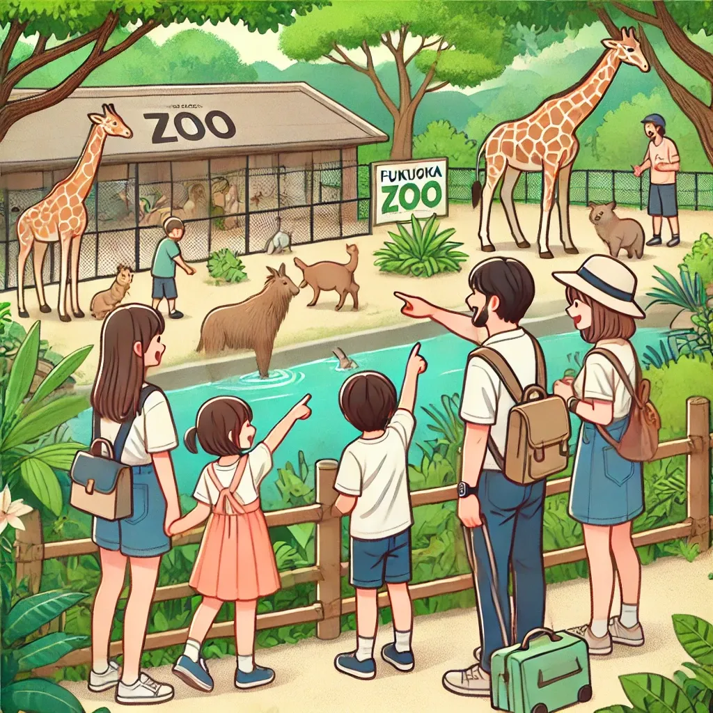 가족이 후쿠오카 동물원에서 동물들을 구경하며 아이들이 동물들을 가리키며 신나하는 모습.