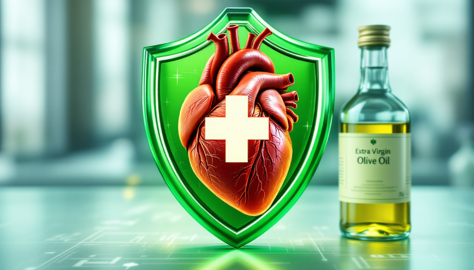 심장 건강을 보호하는 녹색 방패와 엑스트라버진 올리브오일 병 이미지