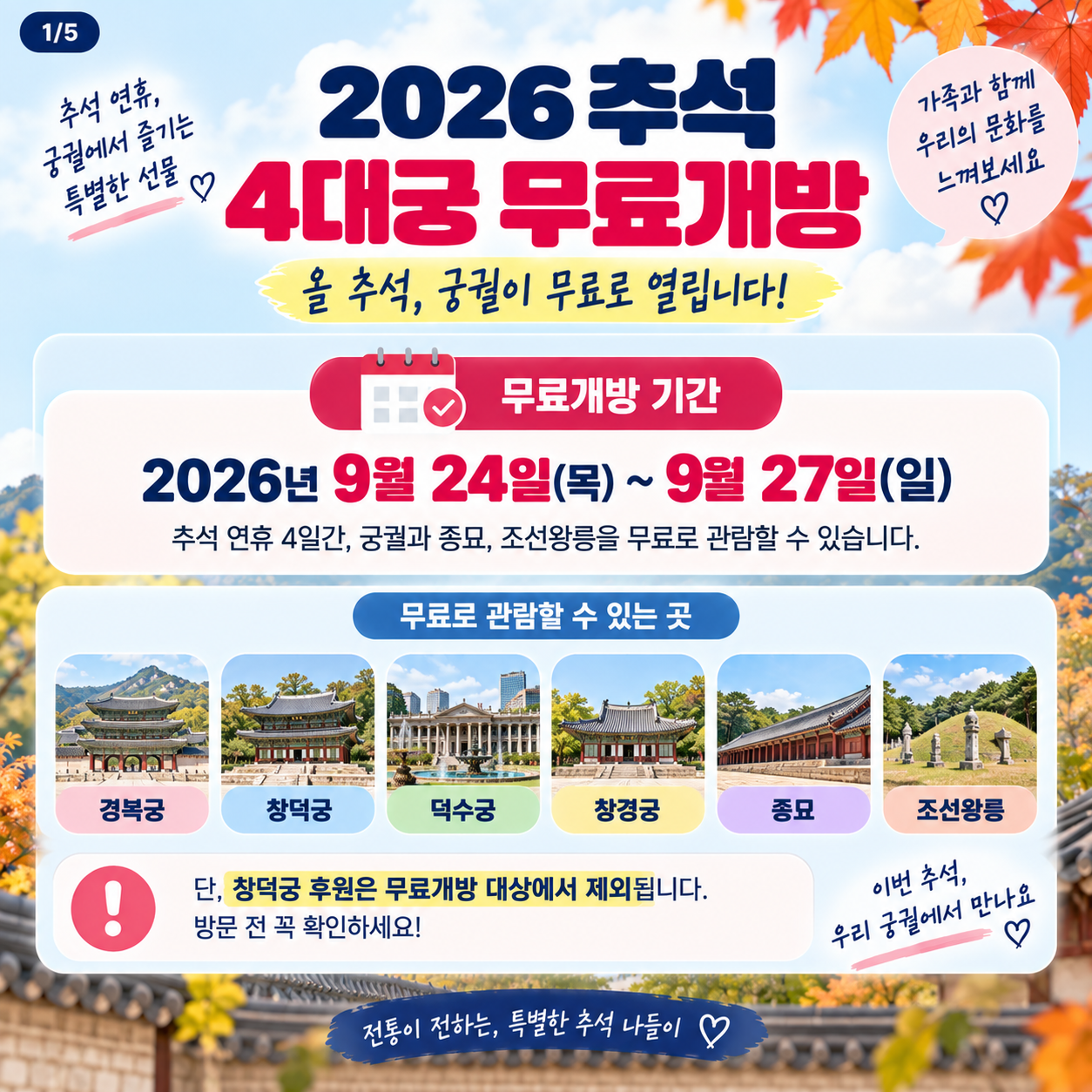2026 추석 4대궁 무료개방 기간