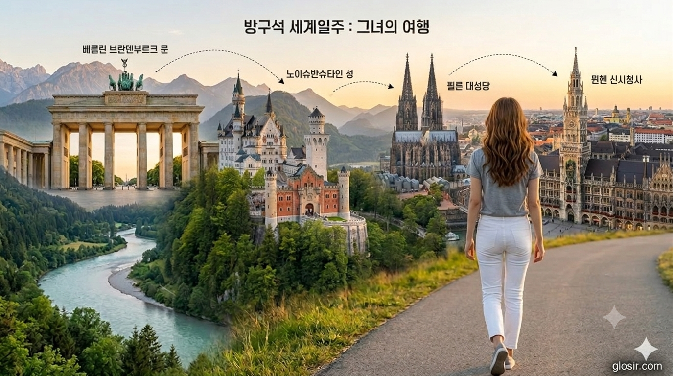 독일의 명소들이 하나로 어우러진 파노라마 배경을 향해 걸어가는 회색 티셔츠와 흰 청바지 차림의 한국 여성 뒷모습 (glosir.com 여행 블로그 이미지).