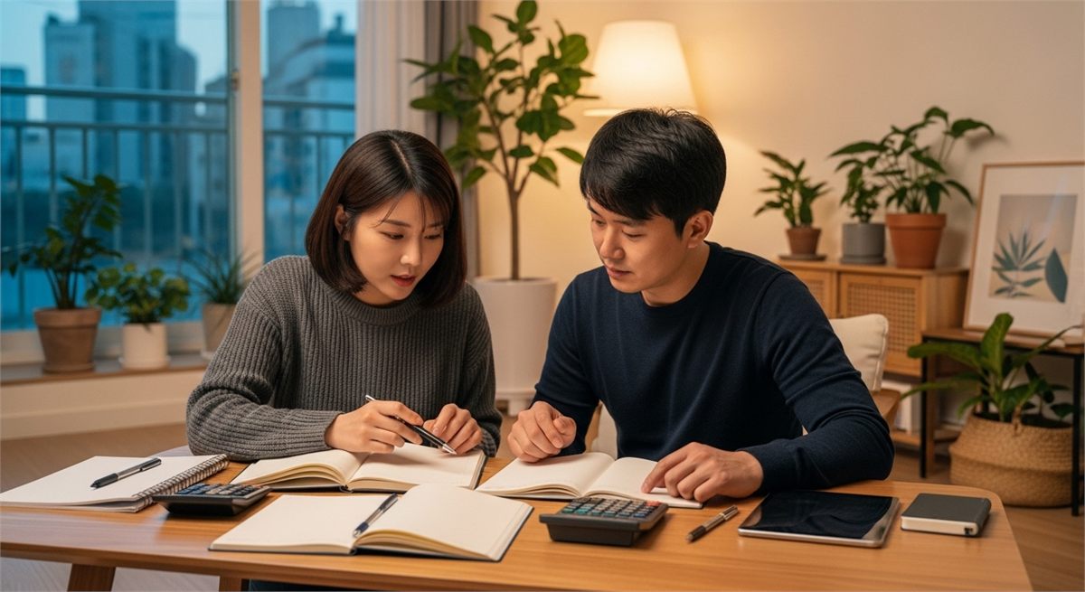 부부가 생활비와 지원 기준을 함께 점검하는 모습 
