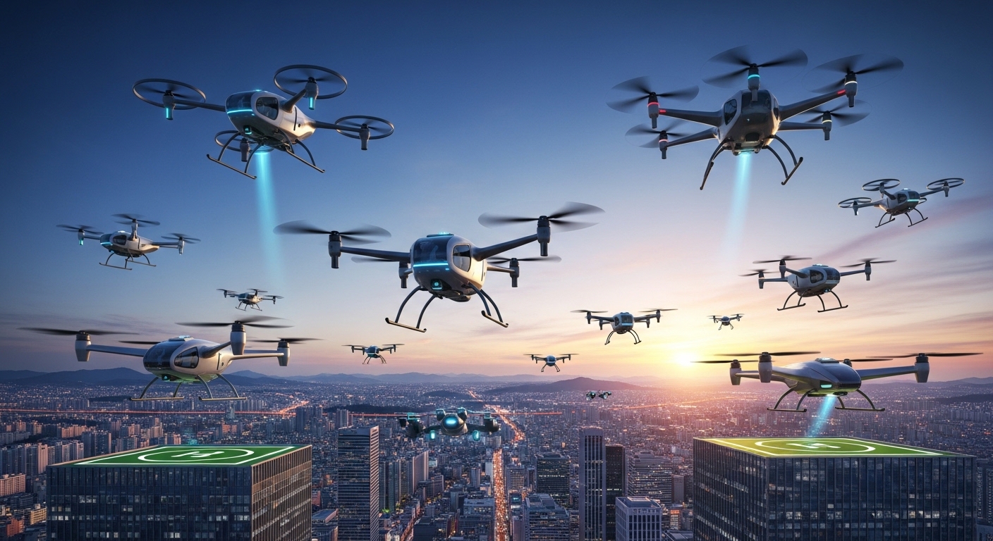 eVTOL 에어택시 도심 하늘 비행 한강 서울 스카이라인 수직이착륙 UAM 미래 모빌리티 퓨처 틸 색감