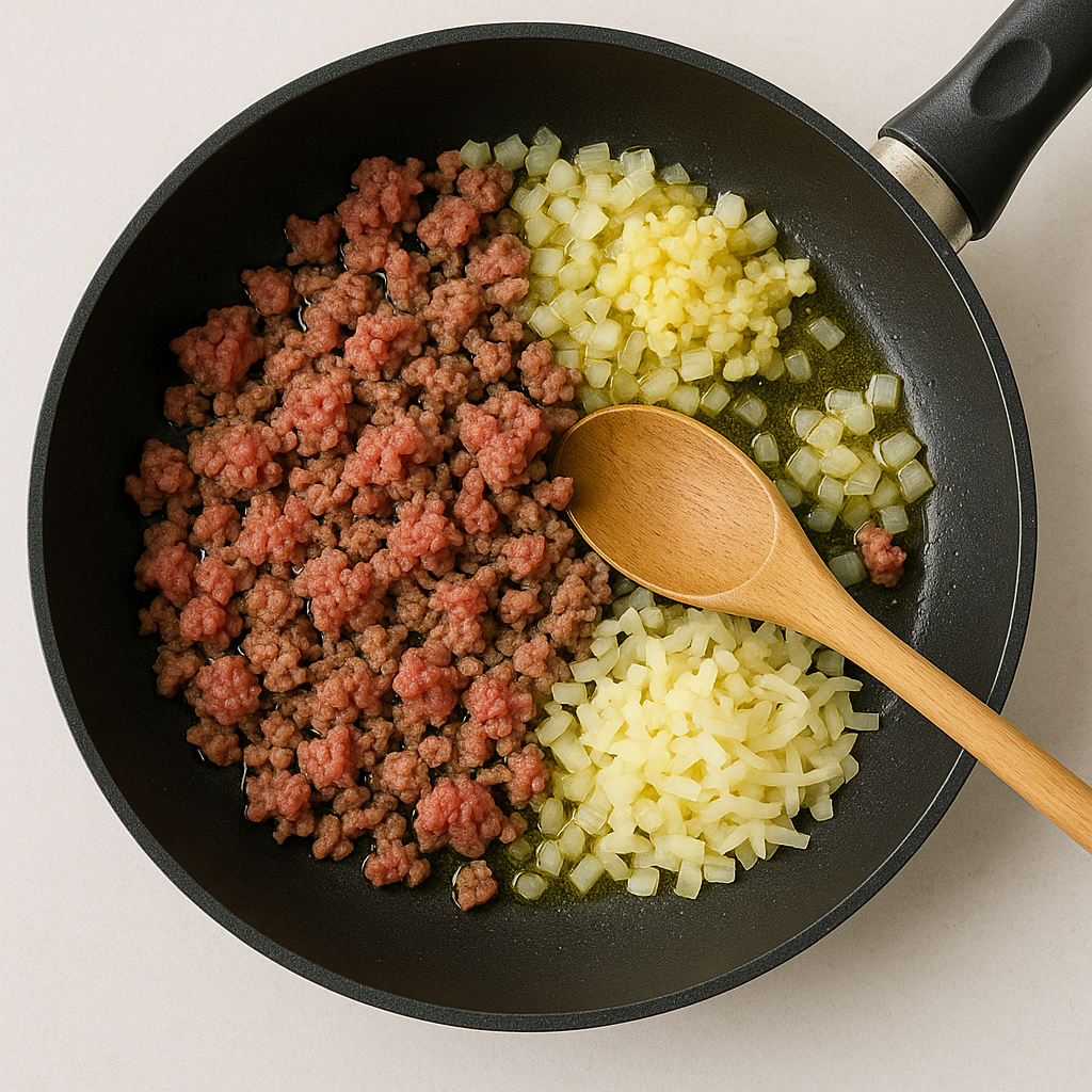 팬에 올리브 오일을 두르고 다진 양파와 마늘을 볶다가 소고기를 넣어 익힙니다.