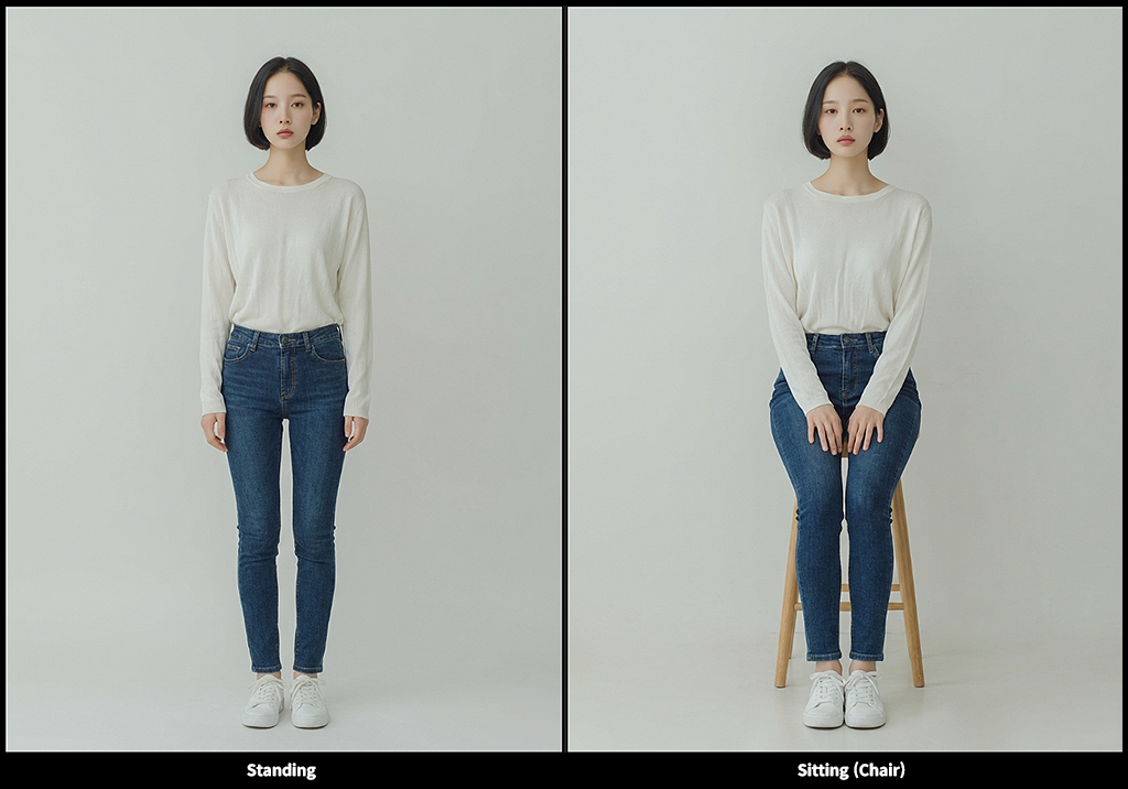 Nano Banana Neutral Posture 테스트 A, 정면 스탠딩 기본 자세와 의자에 앉은 정자세를 비교하며 얼굴 일관성과 신체 구조·비율 확인 이미지_Nano Banana