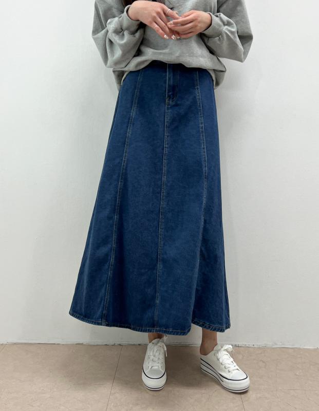 헨젤 논페이드 핏좋은 밴딩 스티치 절개 A라인 데님 롱 스커트