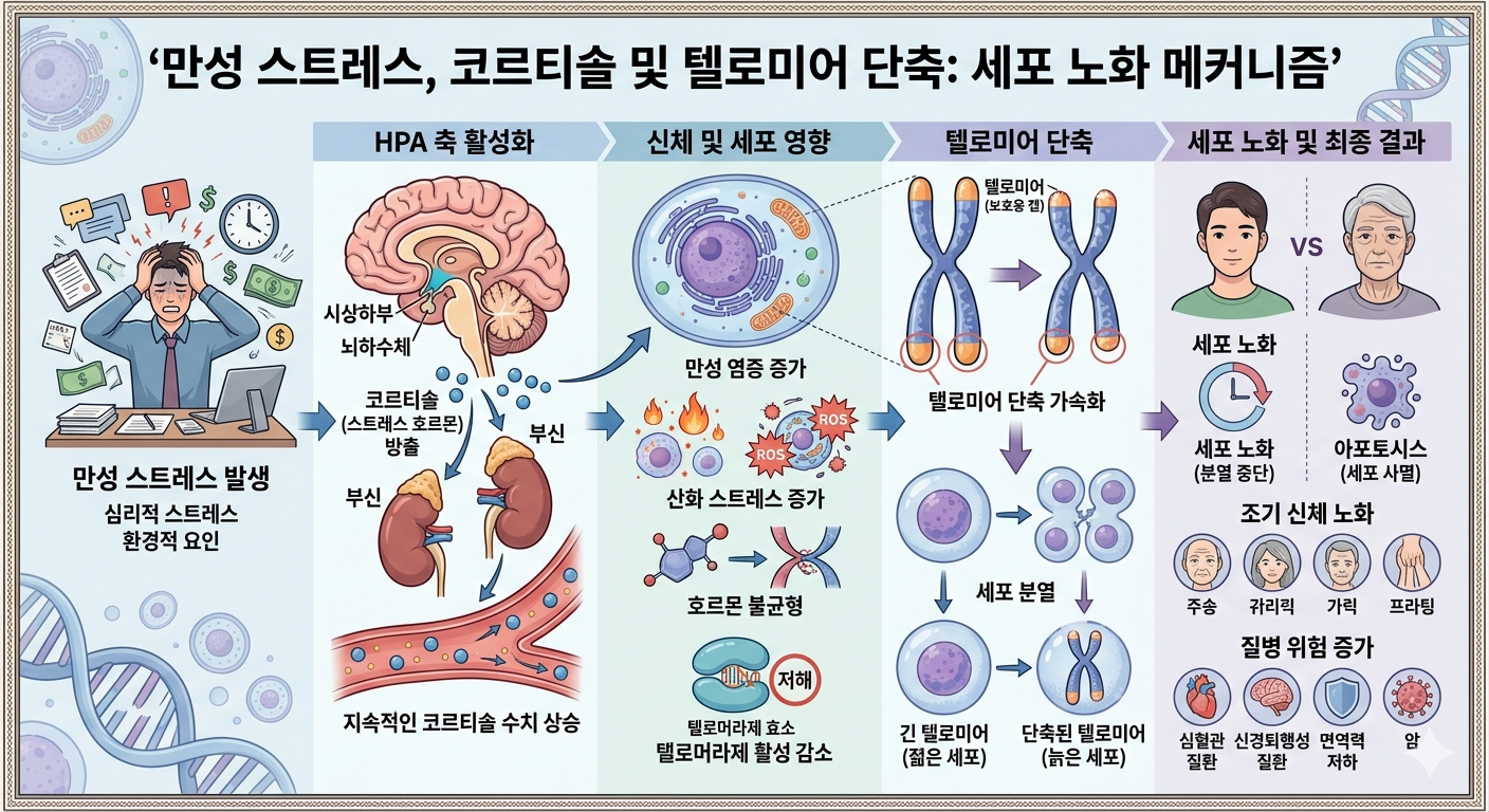 만성 스트레스 코르티솔 상승 텔로미어 단축 세포 노화 악순환 메커니즘