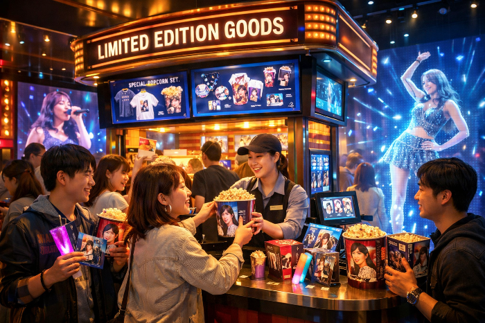 극장 내 굿즈 판매 및 IP 비즈니스 활성화를 통한 부가 가치 창출 이미지.