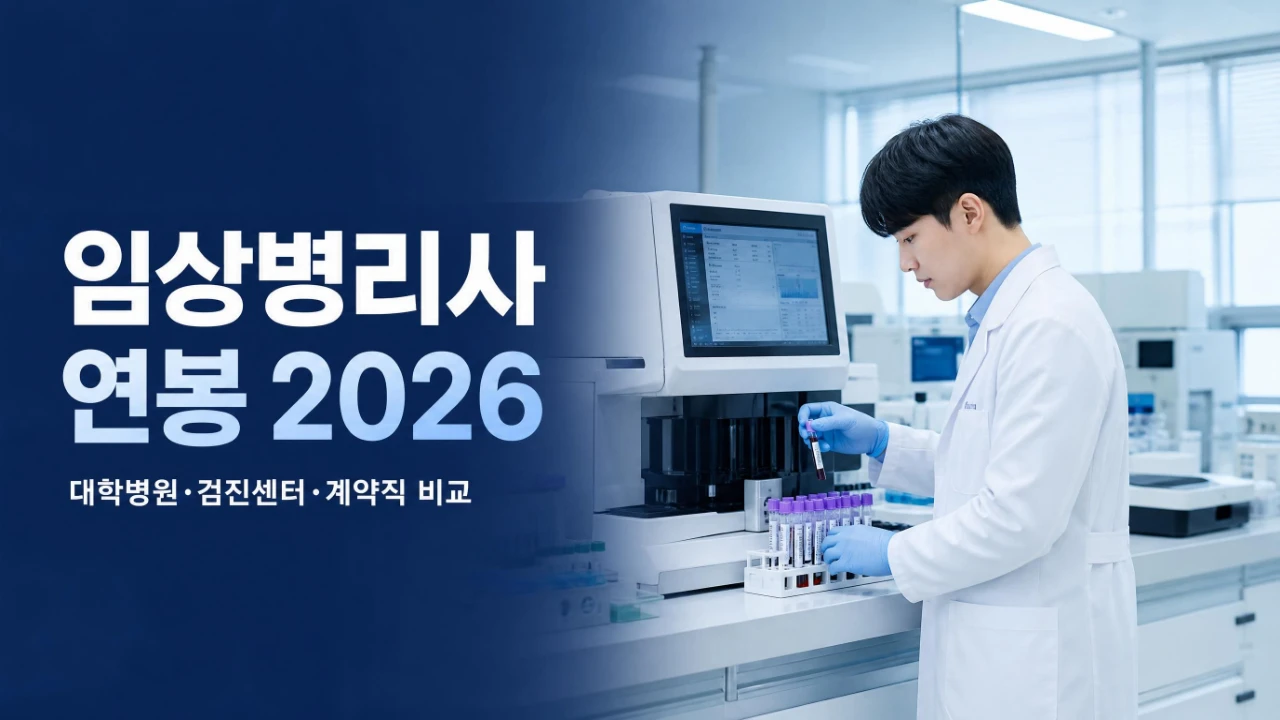 임상병리사가 병원 검사실에서 검체를 분석하는 모습과 2026년 연봉 비교 안내 문구