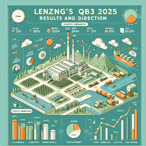 alt="오스트리아 친환경 섬유 기업 렌징의 2025년 3분기 실적 발표와 전략 방향 상세 분석 인포그래픽: 매출·EBITDA 추이, 지역/제품별(TENCEL, LENZING ECOVERO, 모달, 비스코스) 수요 지표, 원가·에너지 비용 변화, 현금흐름·부채 레버리지, 설비 최적화·비용 절감·지속가능성 이니셔티브 및 향후 실행 로드맵 요약 차트"