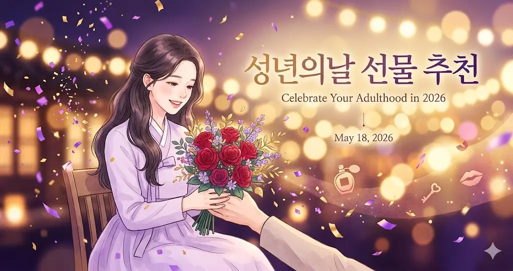 연보라색 한복을 입은 아름다운 젊은 여성이 누군가로부터 커다란 빨간 장미 꽃다발을 건네받으며 행복한 미소