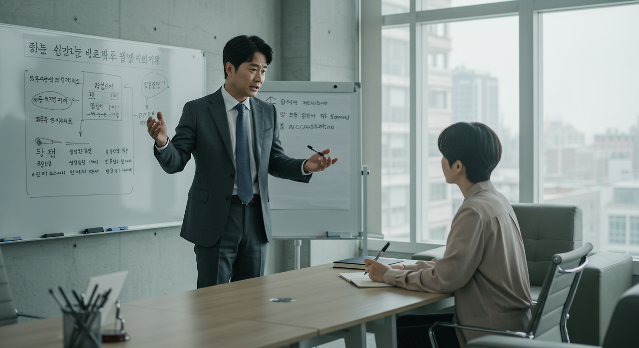 변호사가 사무실에서 고객에게 고소와 고발의 차이를 설명하는 장면
