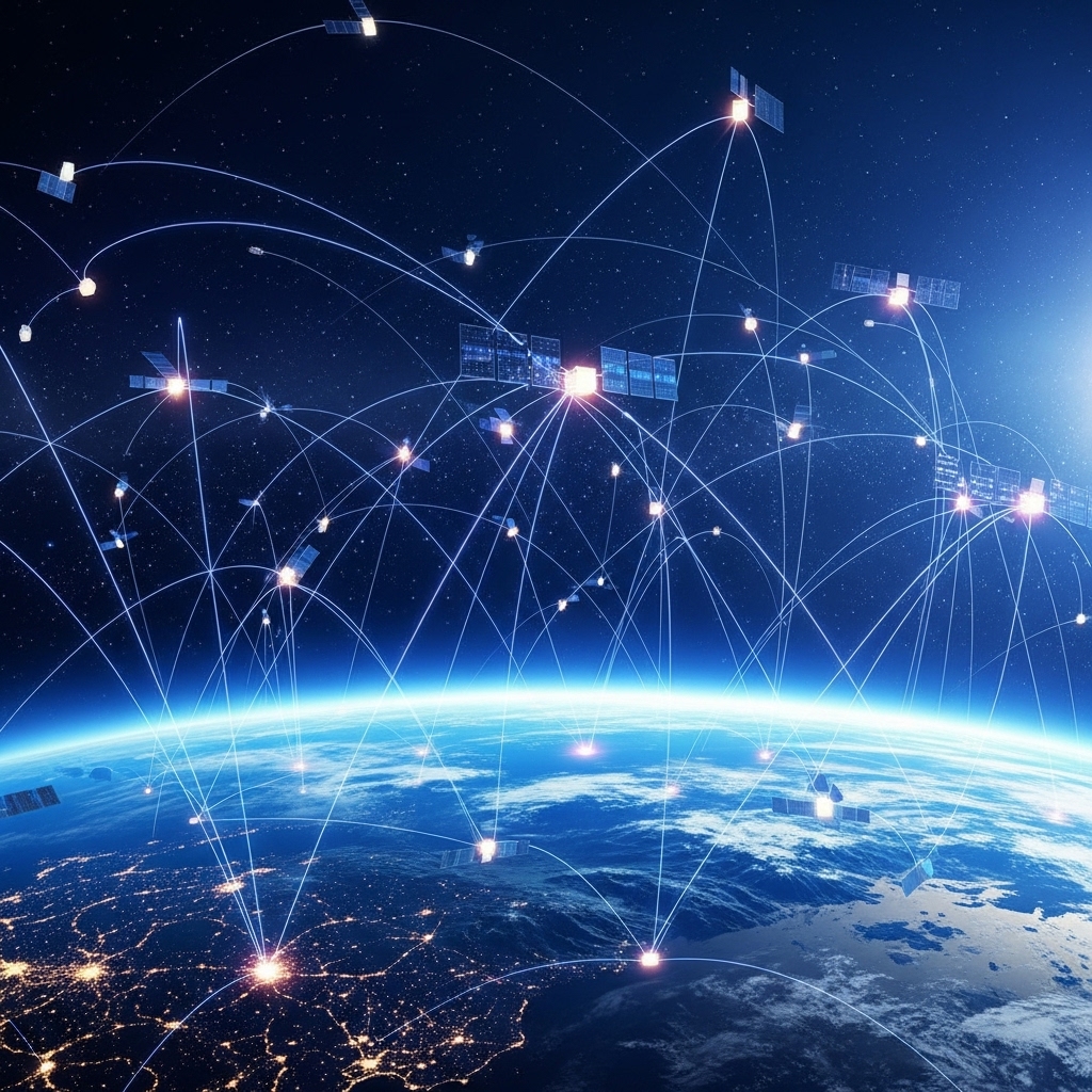 수많은 스타링크 위성들이 지구 저궤도에 떠 있고, 위성 간 그리고 지구를 향해 데이터 신호가 빛줄기로 연결되는 모습. 도시와 시골을 아우르는 지구의 모습이 희미하게 보여, 전 세계적인 연결성을 강조한다.