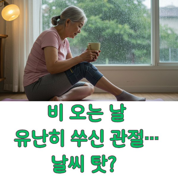 중년여성이 찻잔을 들고 관절이 아파 쉬는 이미지