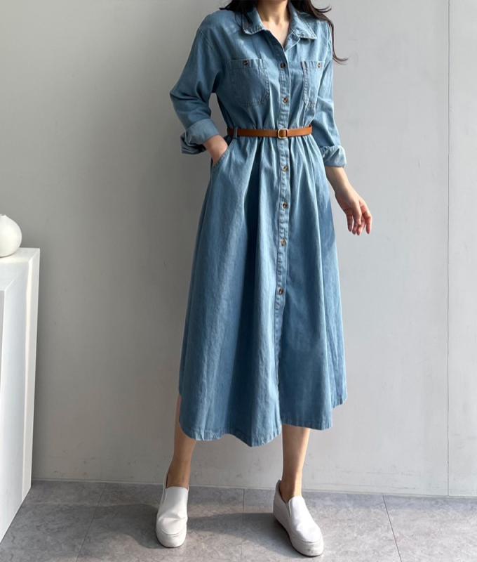 레더벨트 데님 셔츠 롱원피스