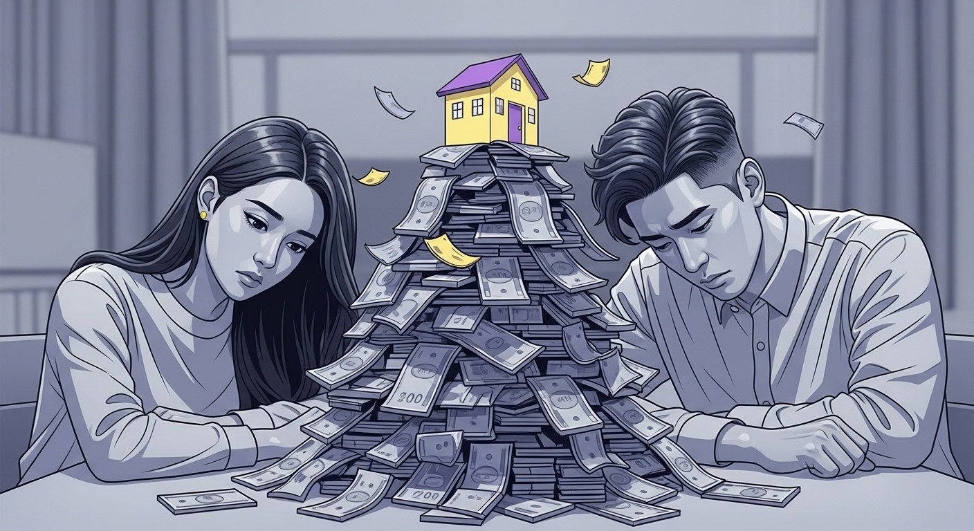 높은 집값과 생활비에 압도당한 젊은 부부가 재정적 어려움 속에서 주거 문제를 고민하는 모습