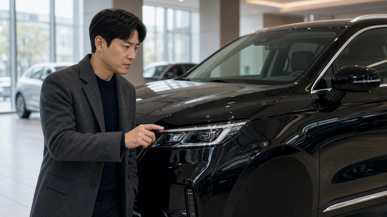 전시장에서 대형 SUV 외관을 살펴보는 30대 한국인 남성